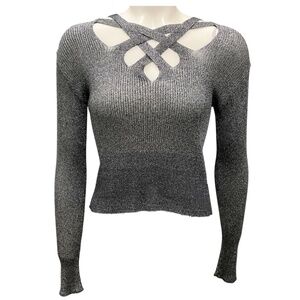 MISSONI SILVER METALLIC GLITTER CUT OUT DETAIL RIBBED KNIT SWEATER